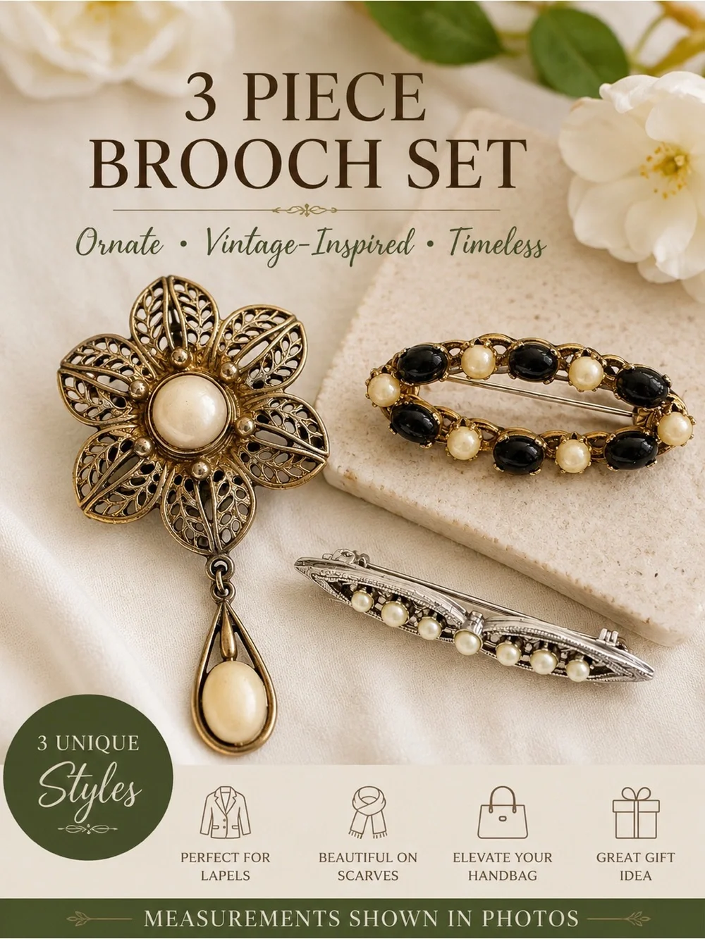 Ornate Brooch Pin Lot Faux Pearl Black Cabochon Floral Filigree